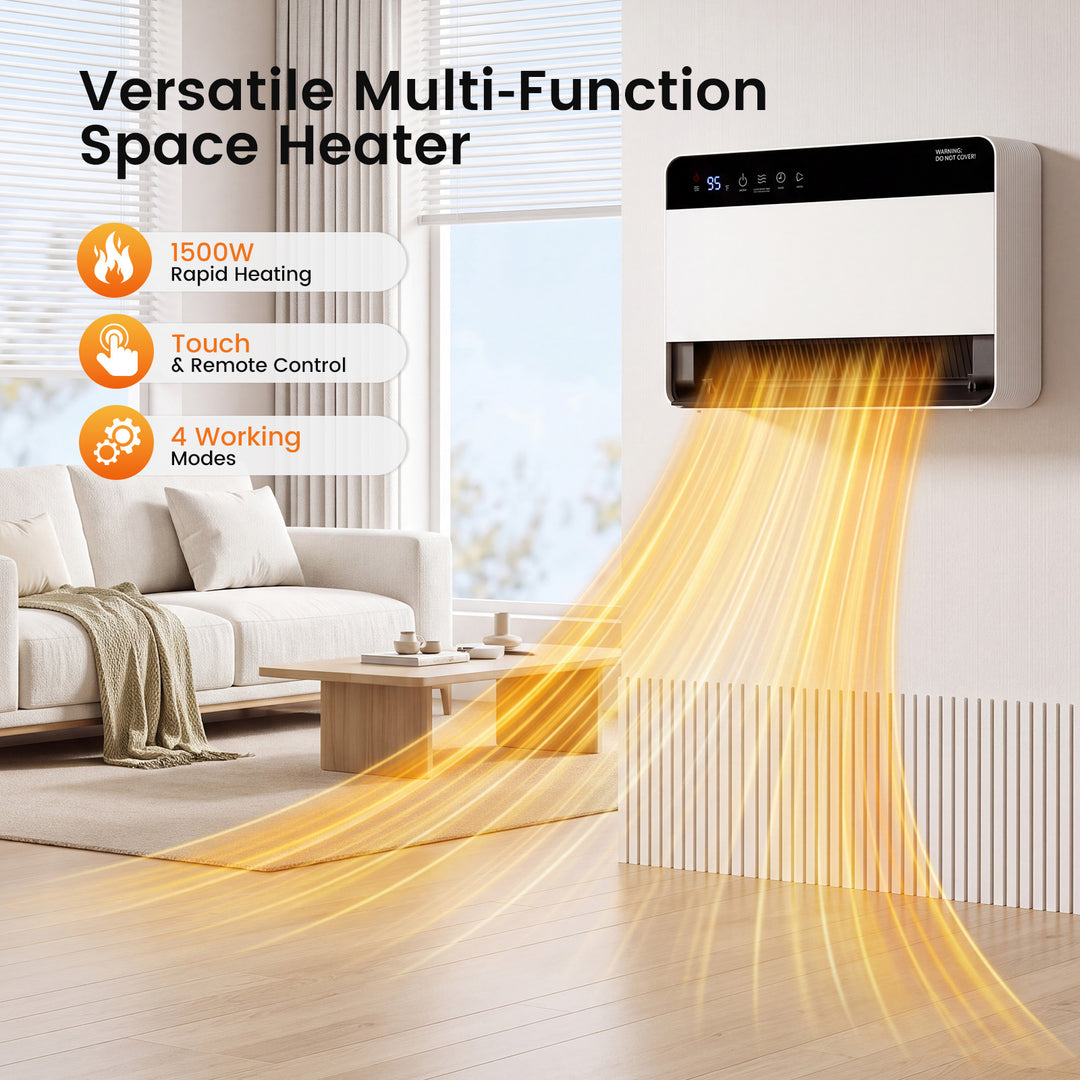 White wall-mounted space heater with remote control