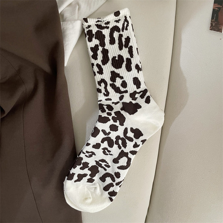 Brown leopard print mid-calf crew socks