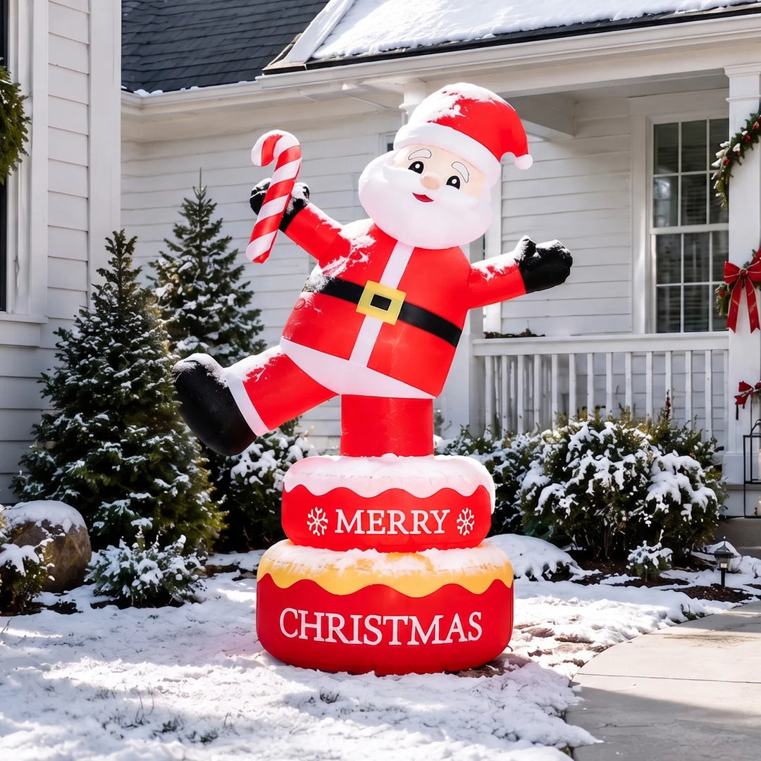 Inflatable standing Santa lit up at night