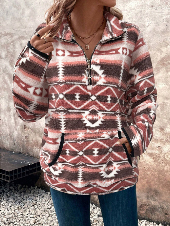 Woman in a cream half-zip fleece pullover