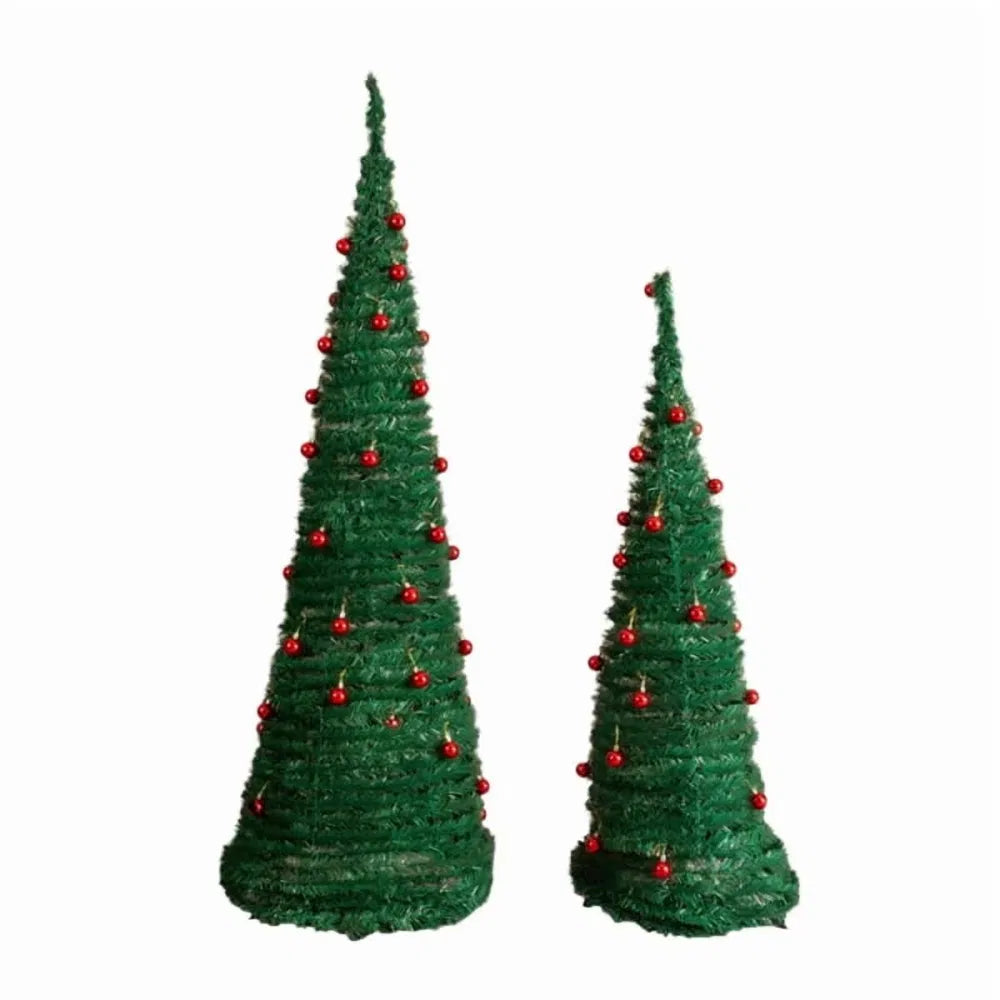 Two pop-up Christmas trees with red ornaments
