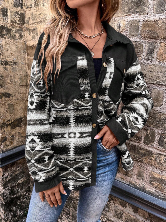Woman wearing a pink shacket with print sleeves