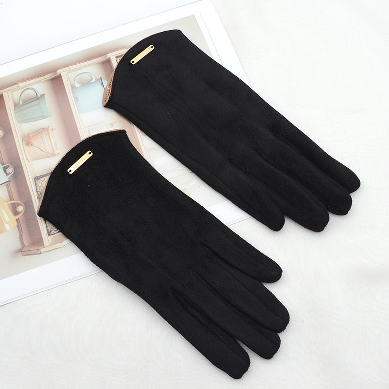 Women's camel faux suede gloves with gold bar