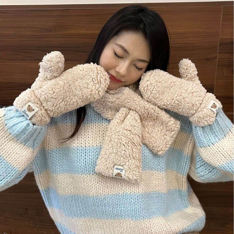 Teddy mittens and scarf set in beige