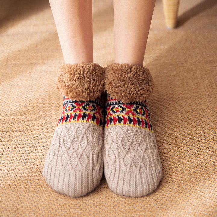 Knit slipper socks with fleece cuff
