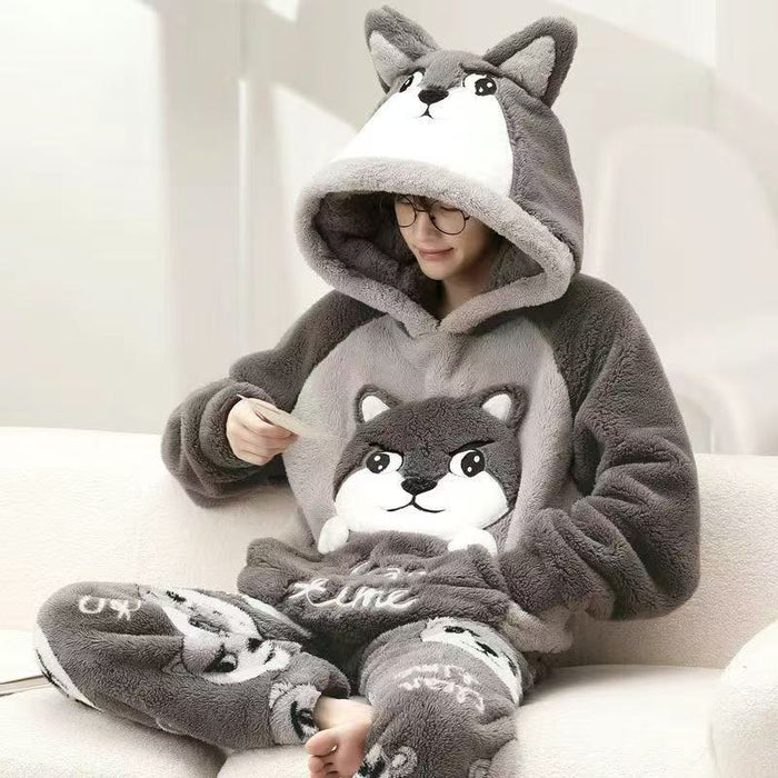 Colverro Coral Fleece Pajama Set with Animal Ears Hood