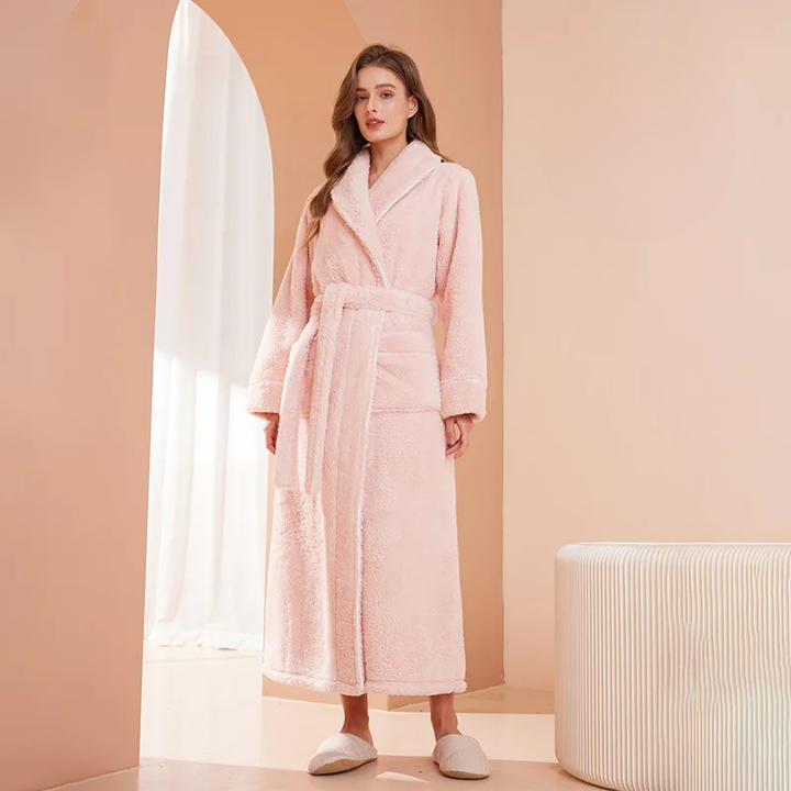 Colverro™ Flannel Fleece Bathrobe with Turn-Down Collar and Tie Belt