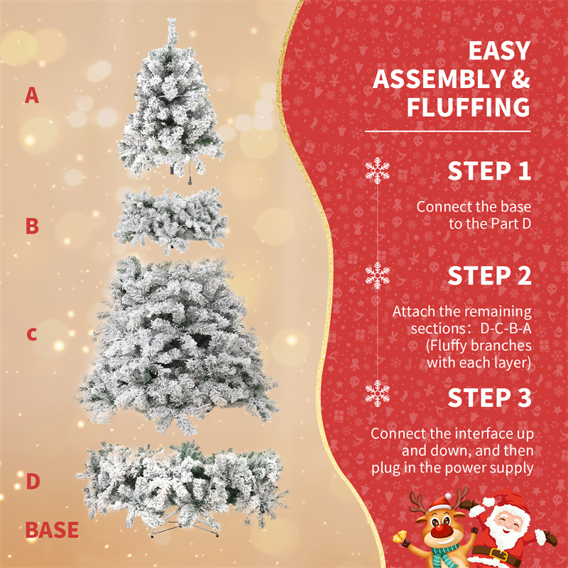 Snow-flocked white Christmas tree with warm-white lights
