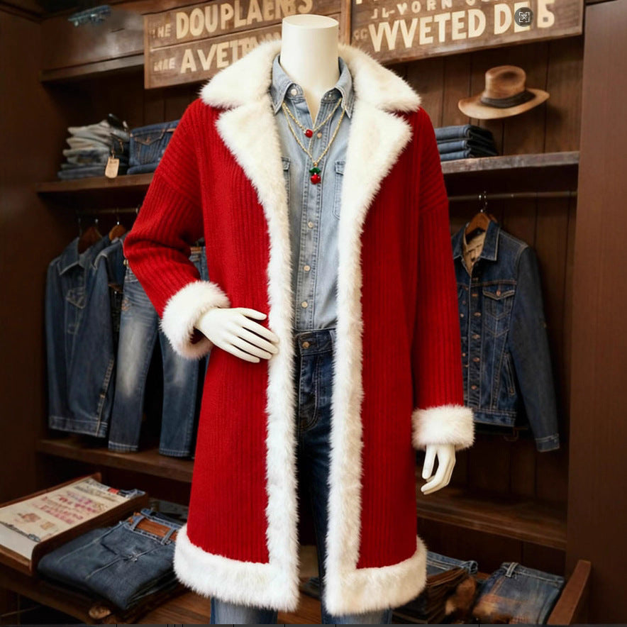 Woman in a red mid-length coat with white faux fur trim