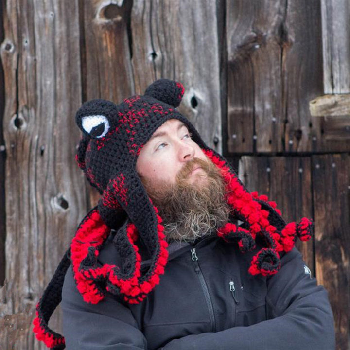 Colorful crochet octopus hat with curly tentacles