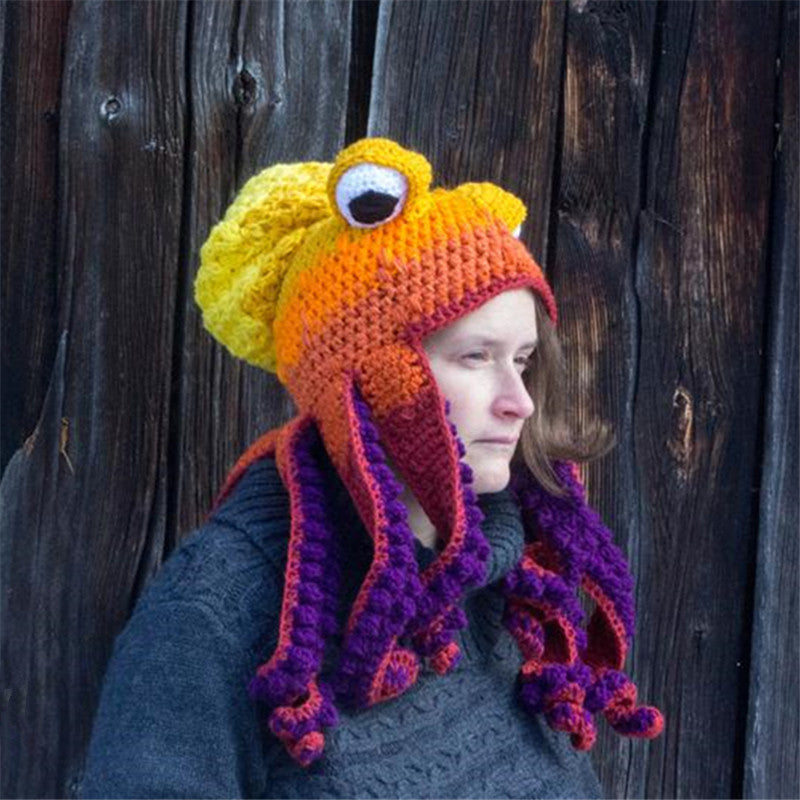 Colorful crochet octopus hat with curly tentacles