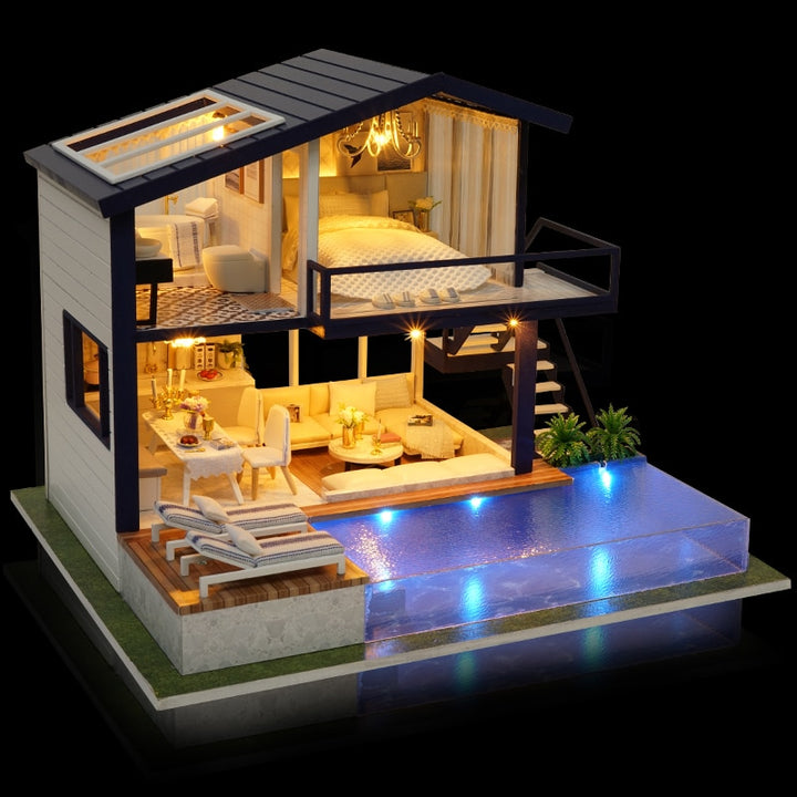 Finished miniature dollhouse with pool