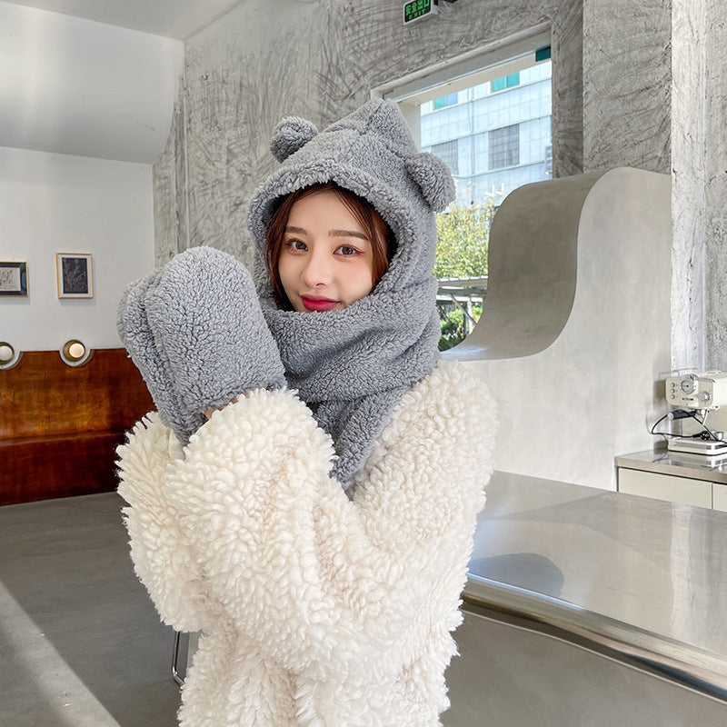 Woman wearing a teddy hood with bear ears