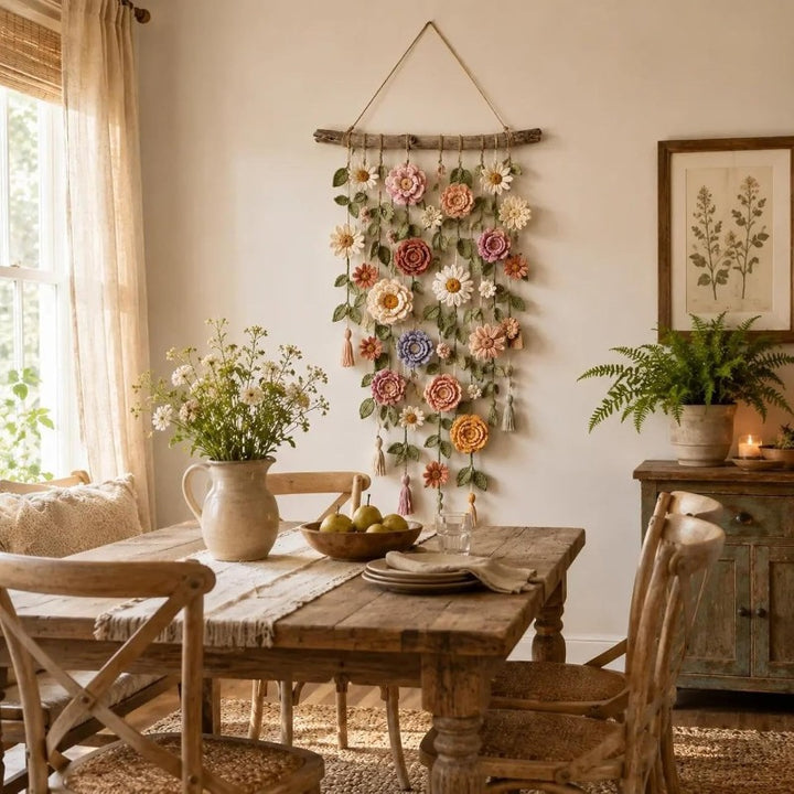 Boho fabric flower wall hanging on wooden branch