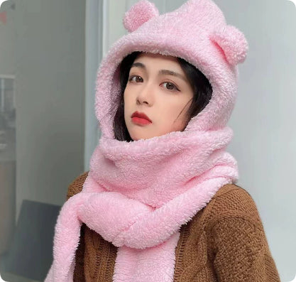 Woman wearing a teddy hood with bear ears