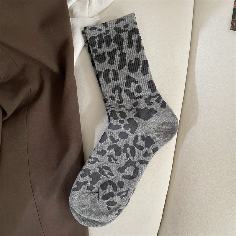 Brown leopard print mid-calf crew socks
