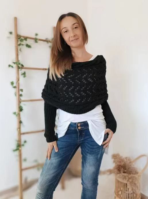 Colverro Openwork Knit Shawl with Sleeves for Shrug or Wrap