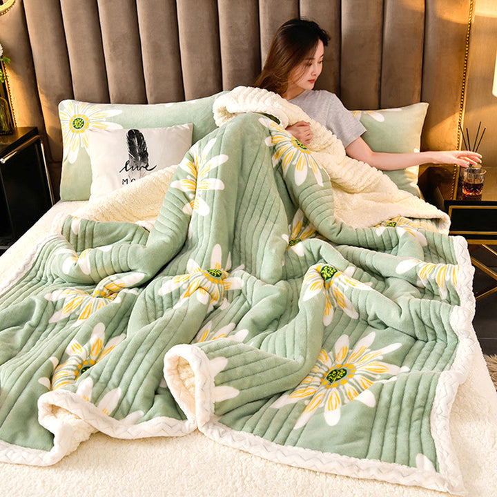 Three-layer quilted sherpa winter blanket