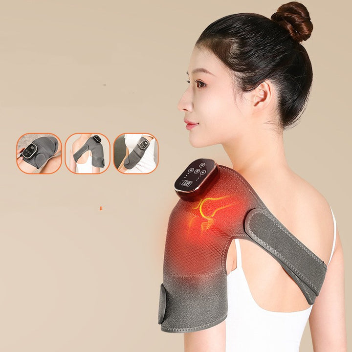 Gray heated wrap fastened around a knee
