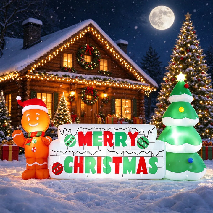 Inflatable Merry Christmas sign with gingerbread man on a lawn