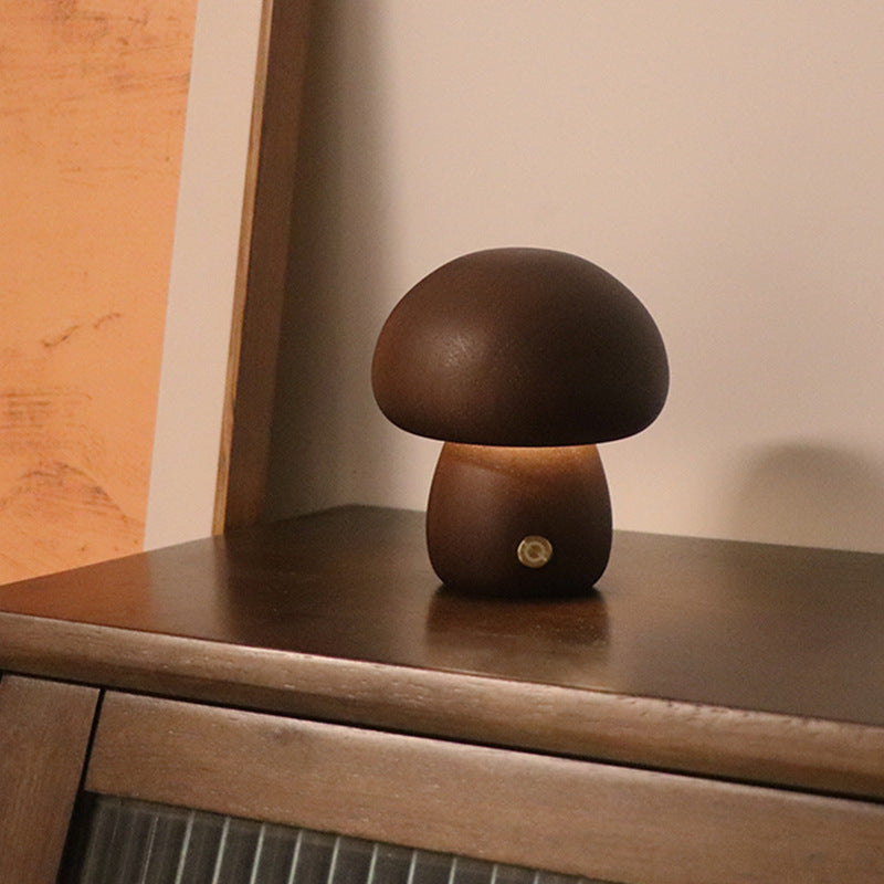 Wooden mushroom lamp glowing warm