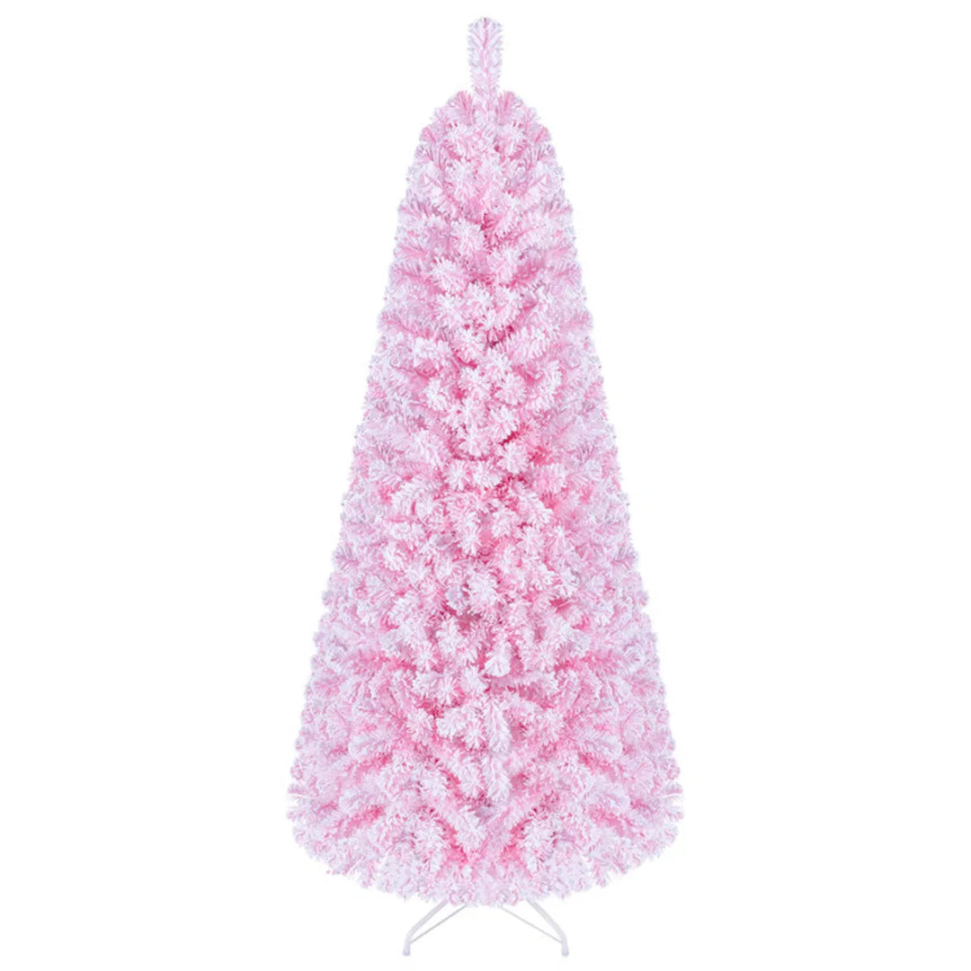 Pink flocked Christmas tree with warm lights
