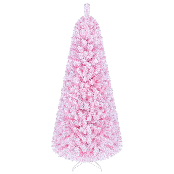 Pink flocked Christmas tree with warm lights