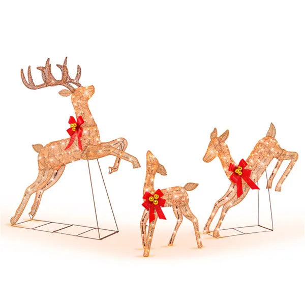Three lighted glitter reindeer with red bows