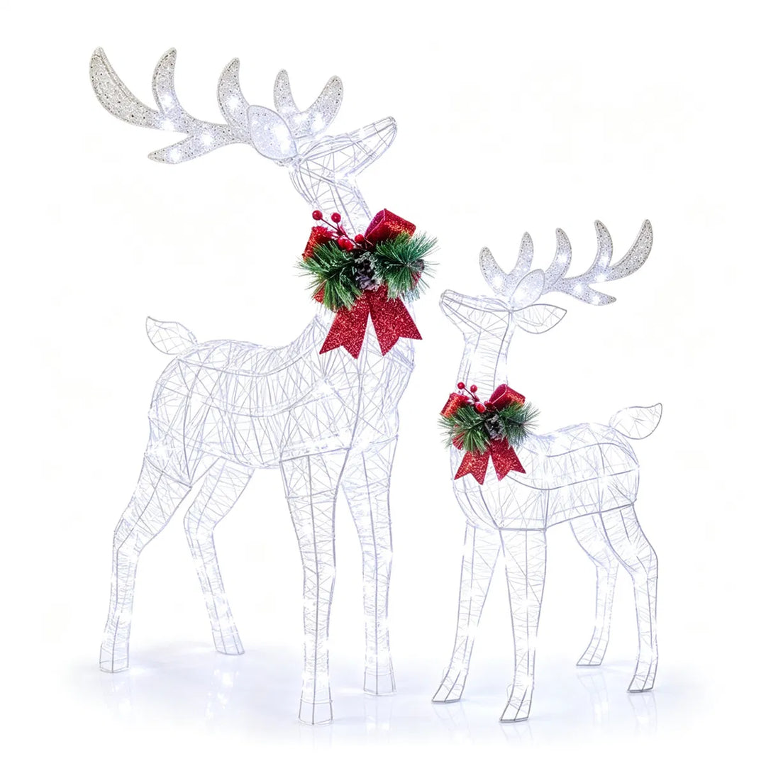 Two lighted glitter reindeer with red bows