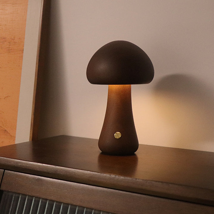 Wooden mushroom lamp glowing warm