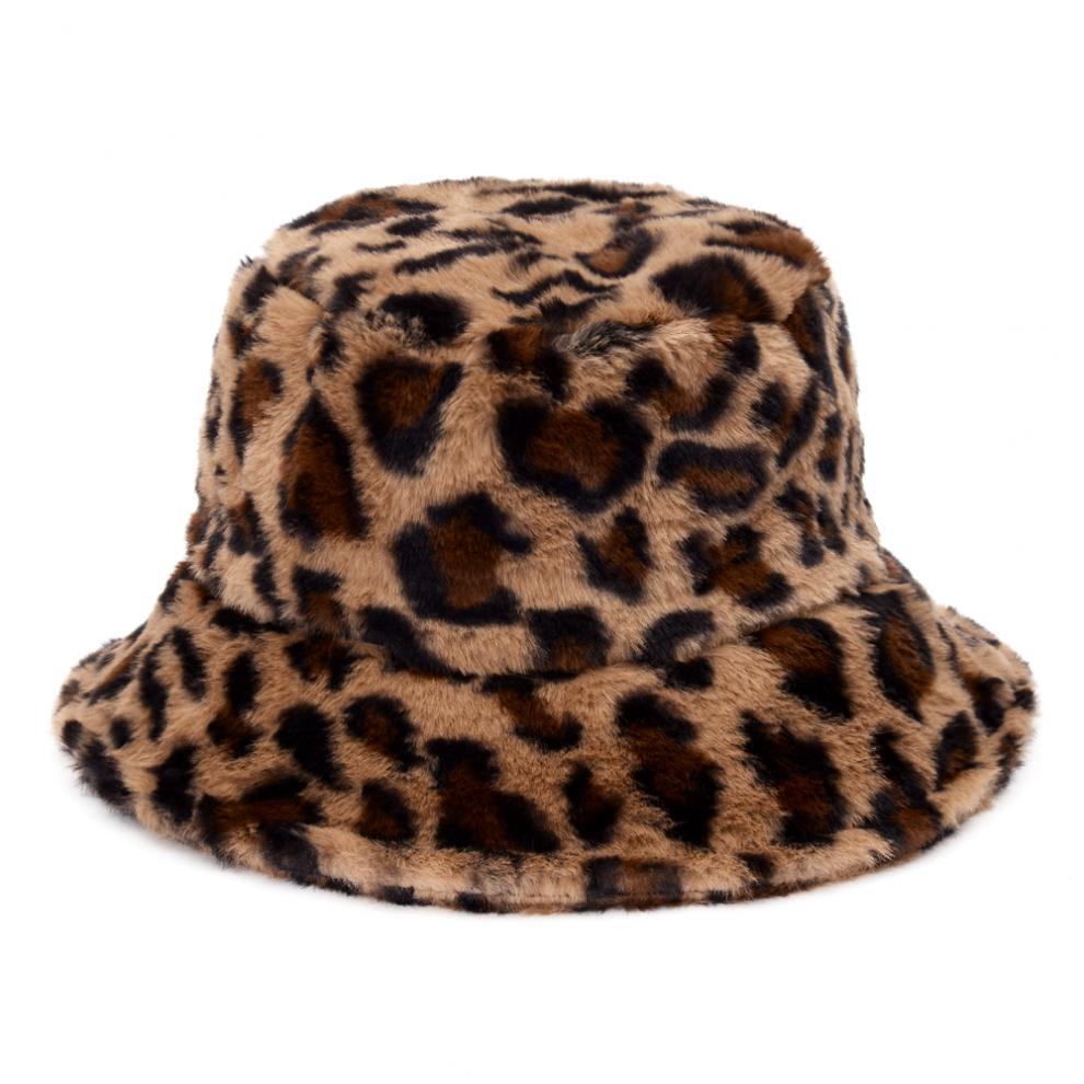 Fluffy leopard print faux fur bucket hat
