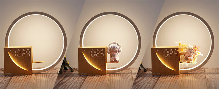 Wooden ring bedside lamp with alarm clock
