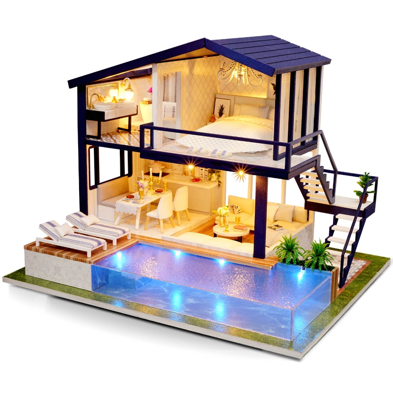 Finished miniature dollhouse with pool