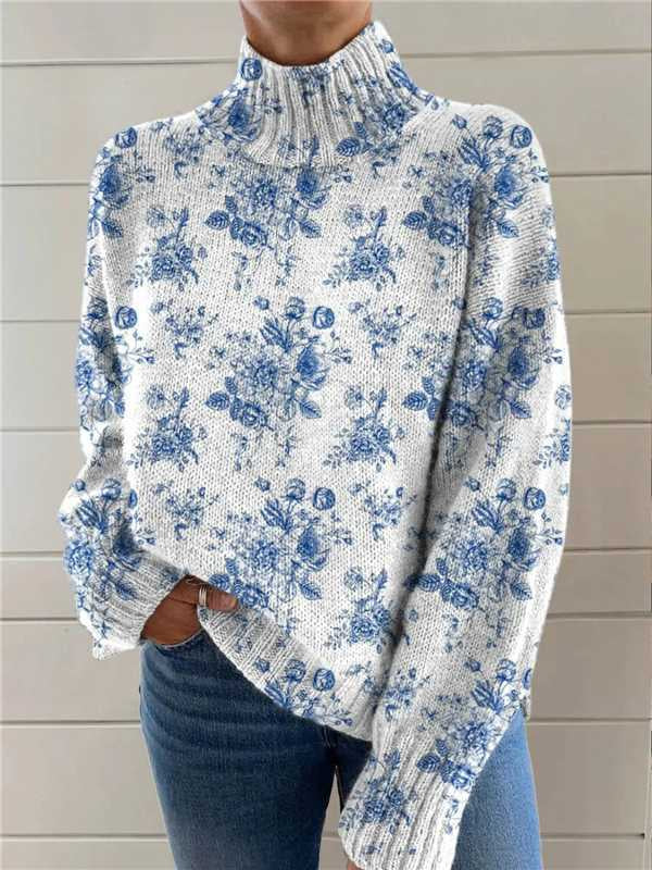 Woman in a floral printed turtleneck sweater