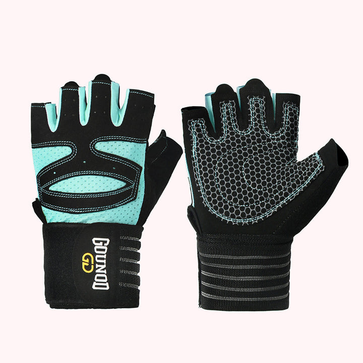Black half-finger gym gloves with wrist wrap