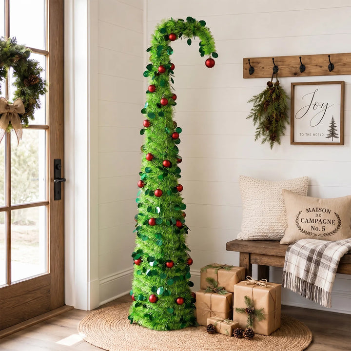 Green pop up Christmas tree with red ornaments