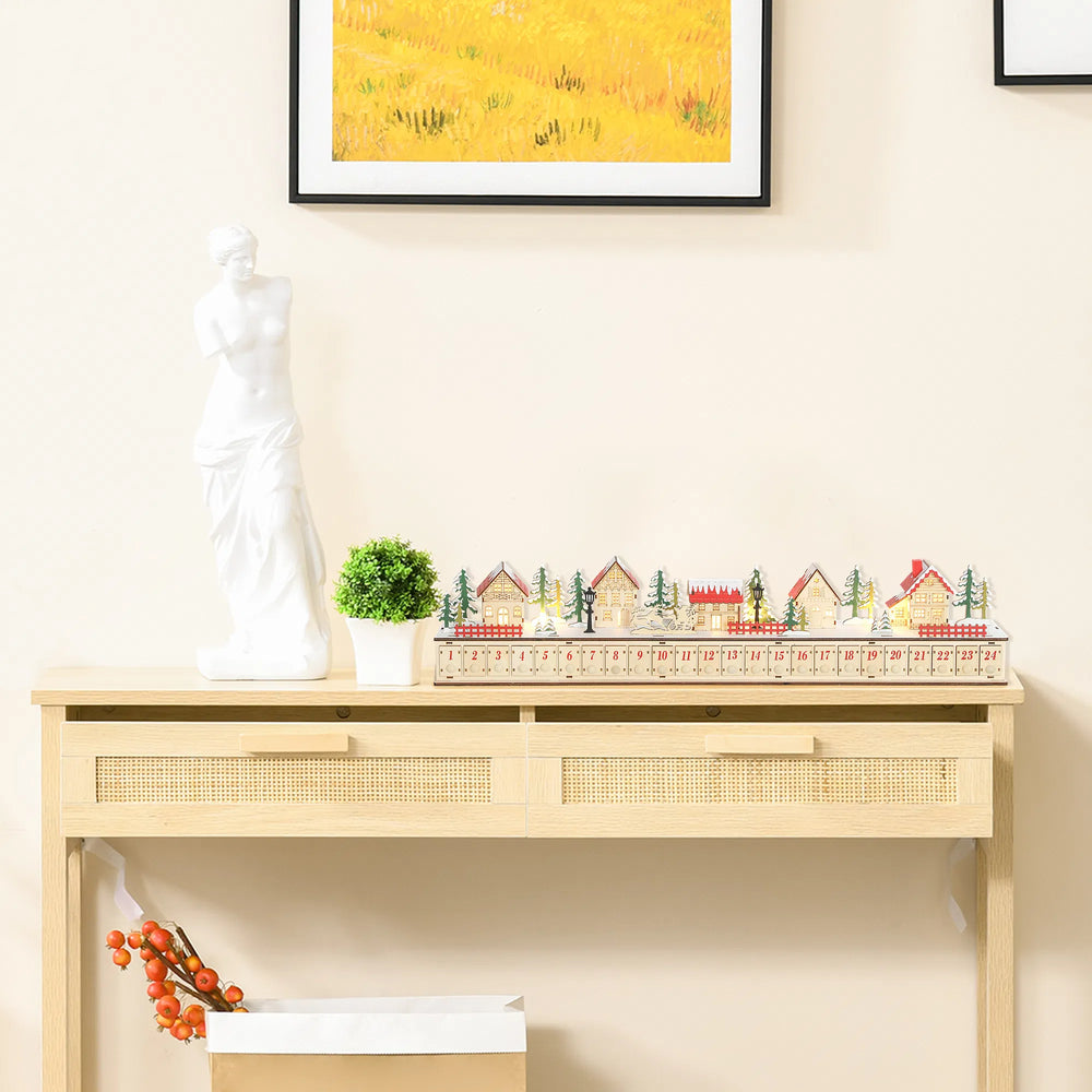 Long lighted wooden advent calendar on mantel