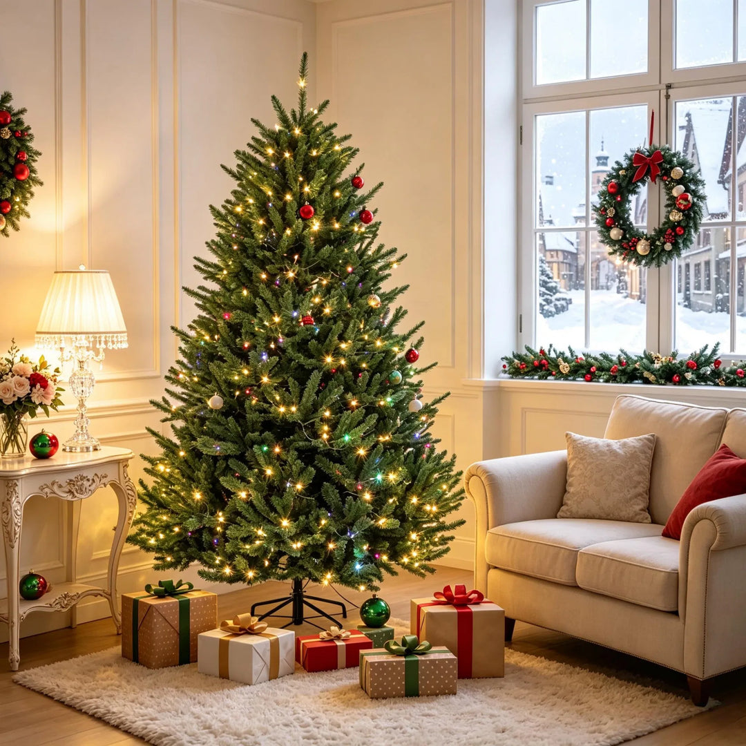 Full green Christmas tree with dual color lights