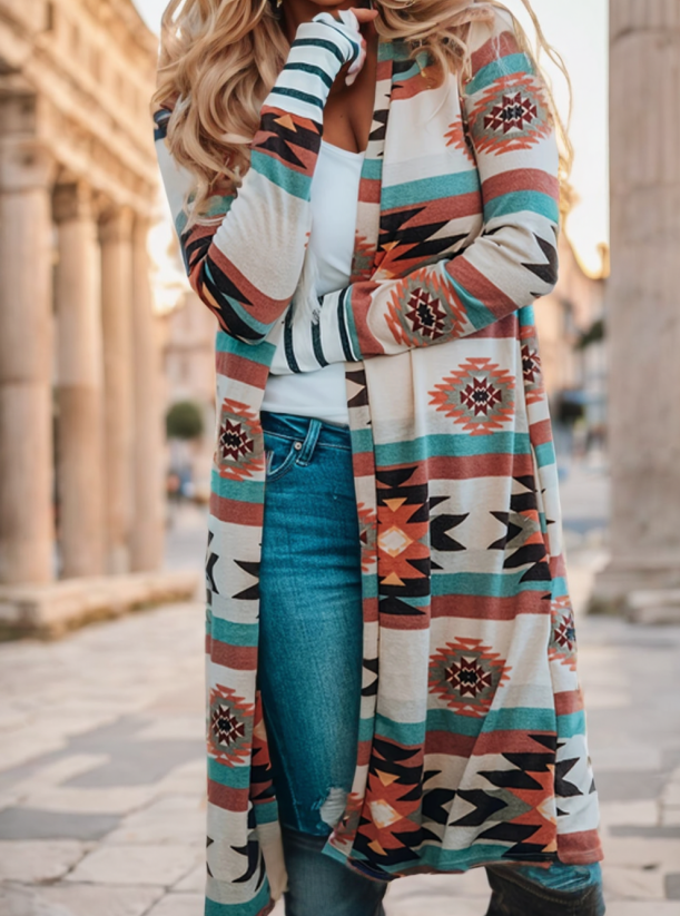Woman in a long color-block cardigan