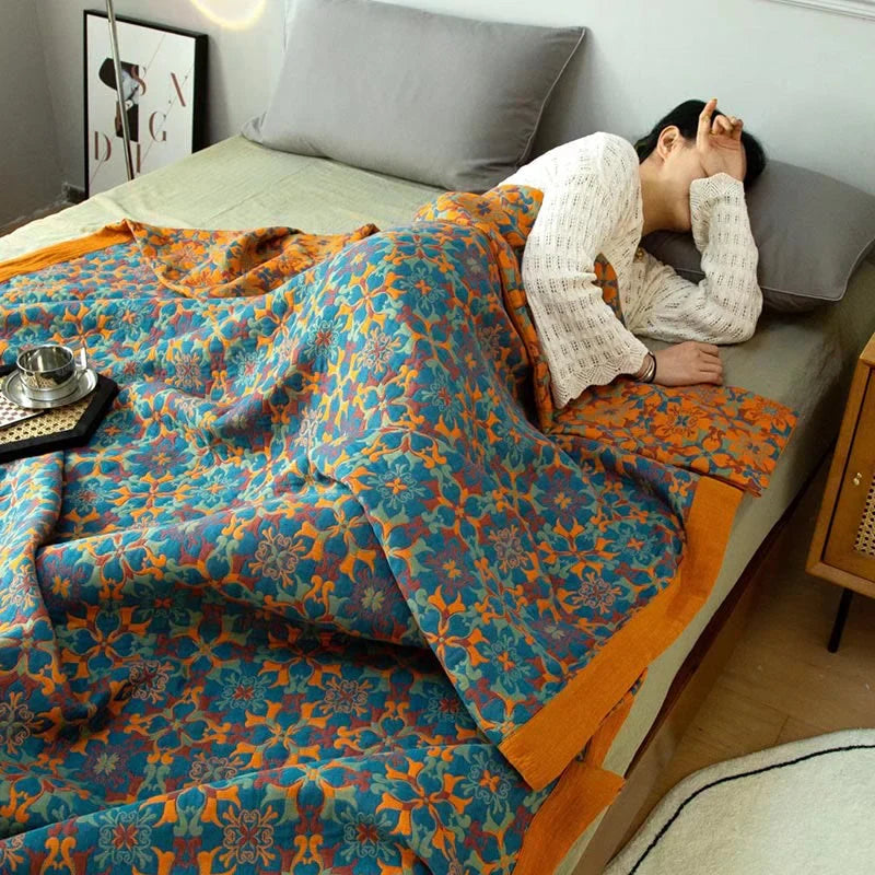 Colverro™ Six-Layer Cotton Blanket with Orange and Blue Pattern