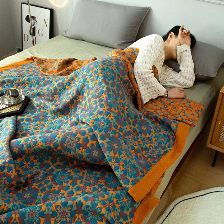Colverro™ Six-Layer Cotton Blanket with Orange and Blue Pattern