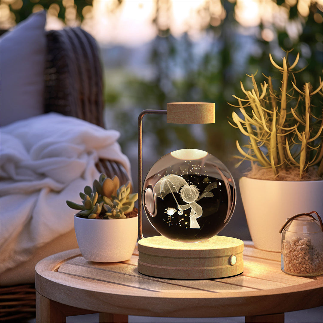 Crystal ball lamp with engraved galaxy