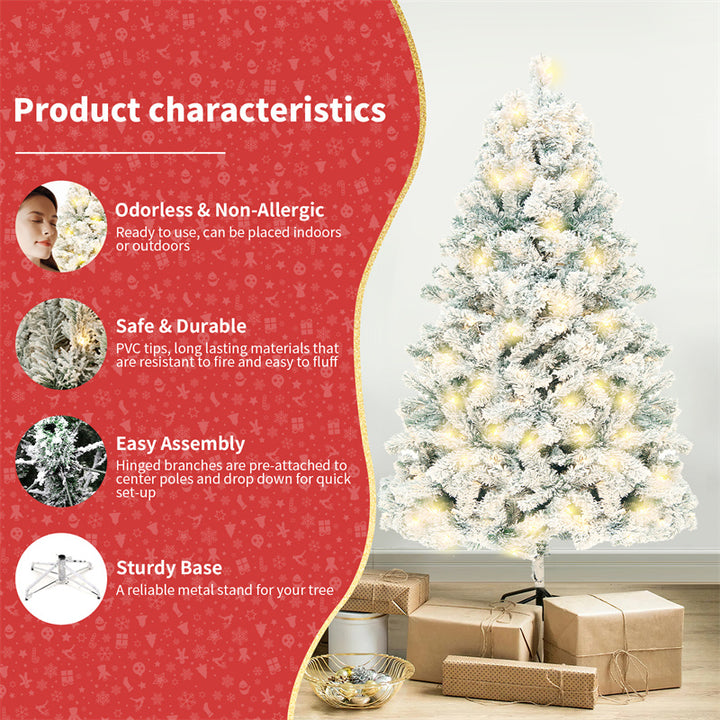 Snow-flocked white Christmas tree with warm-white lights