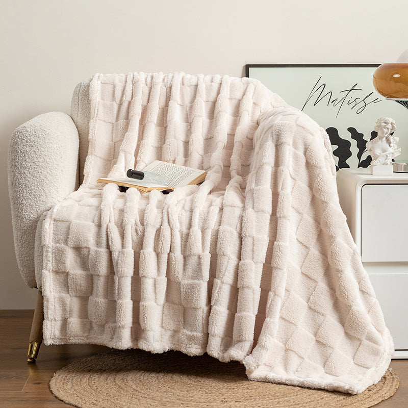 Cream checkered jacquard plush throw blanket