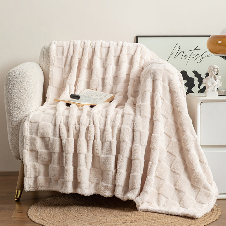 Cream checkered jacquard plush throw blanket