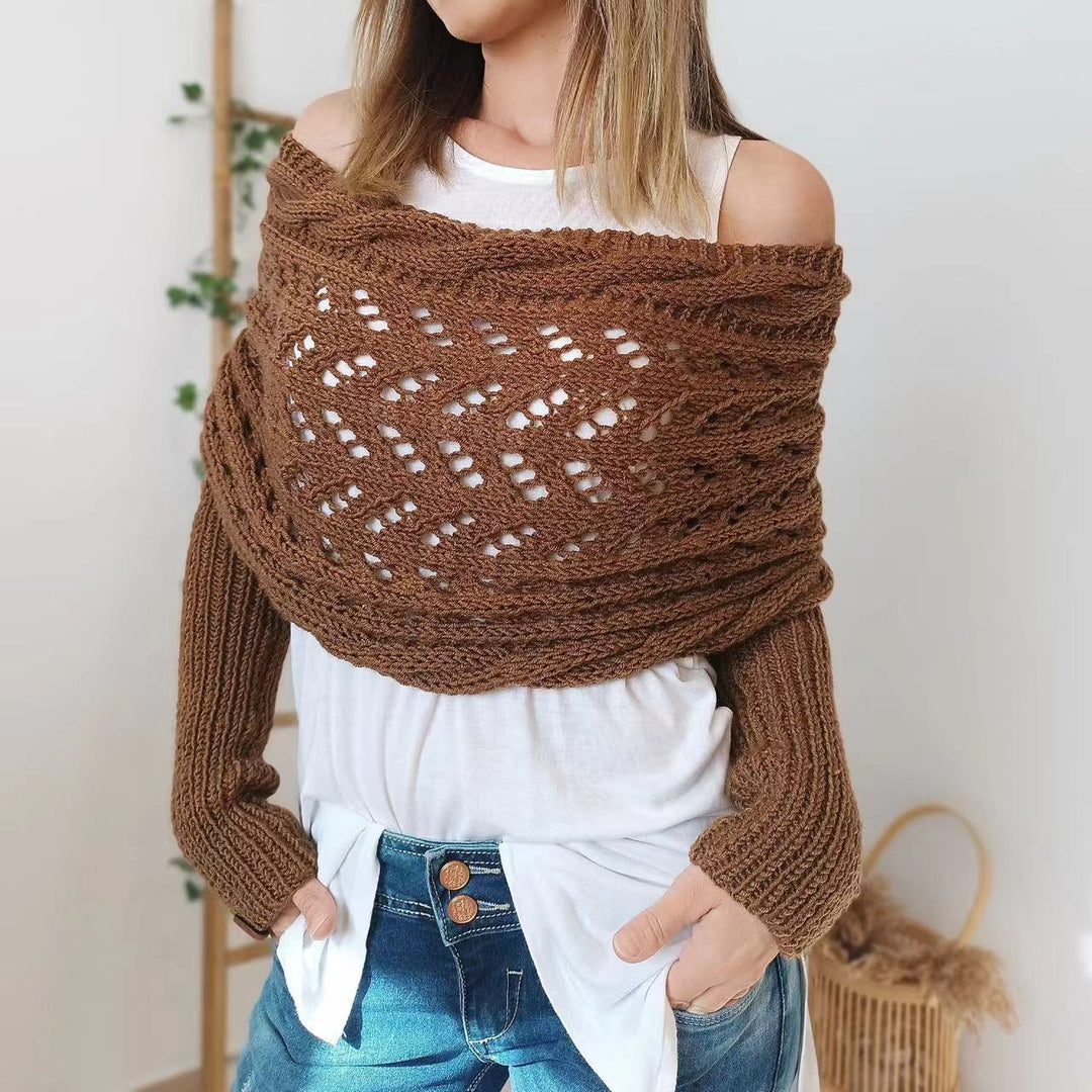 Woman wearing a knit shawl with sleeves