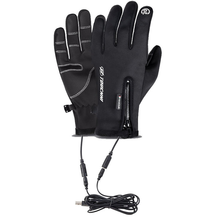 Black windproof cycling gloves with USB heating element