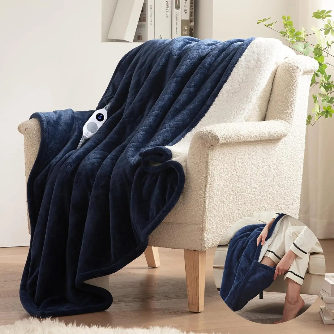 Gray wearable heated blanket with sleeves