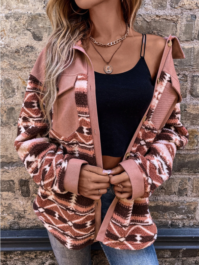 Woman wearing a pink shacket with print sleeves