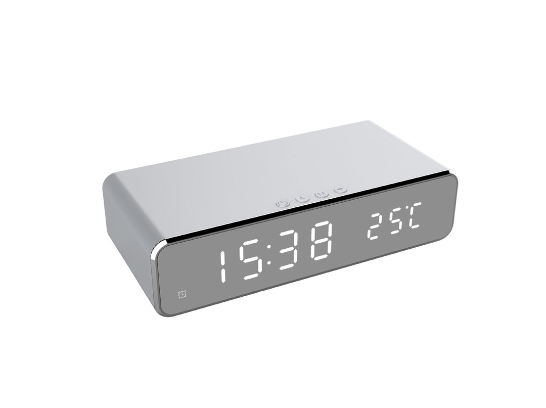 Mirror LED alarm clock with wireless charger